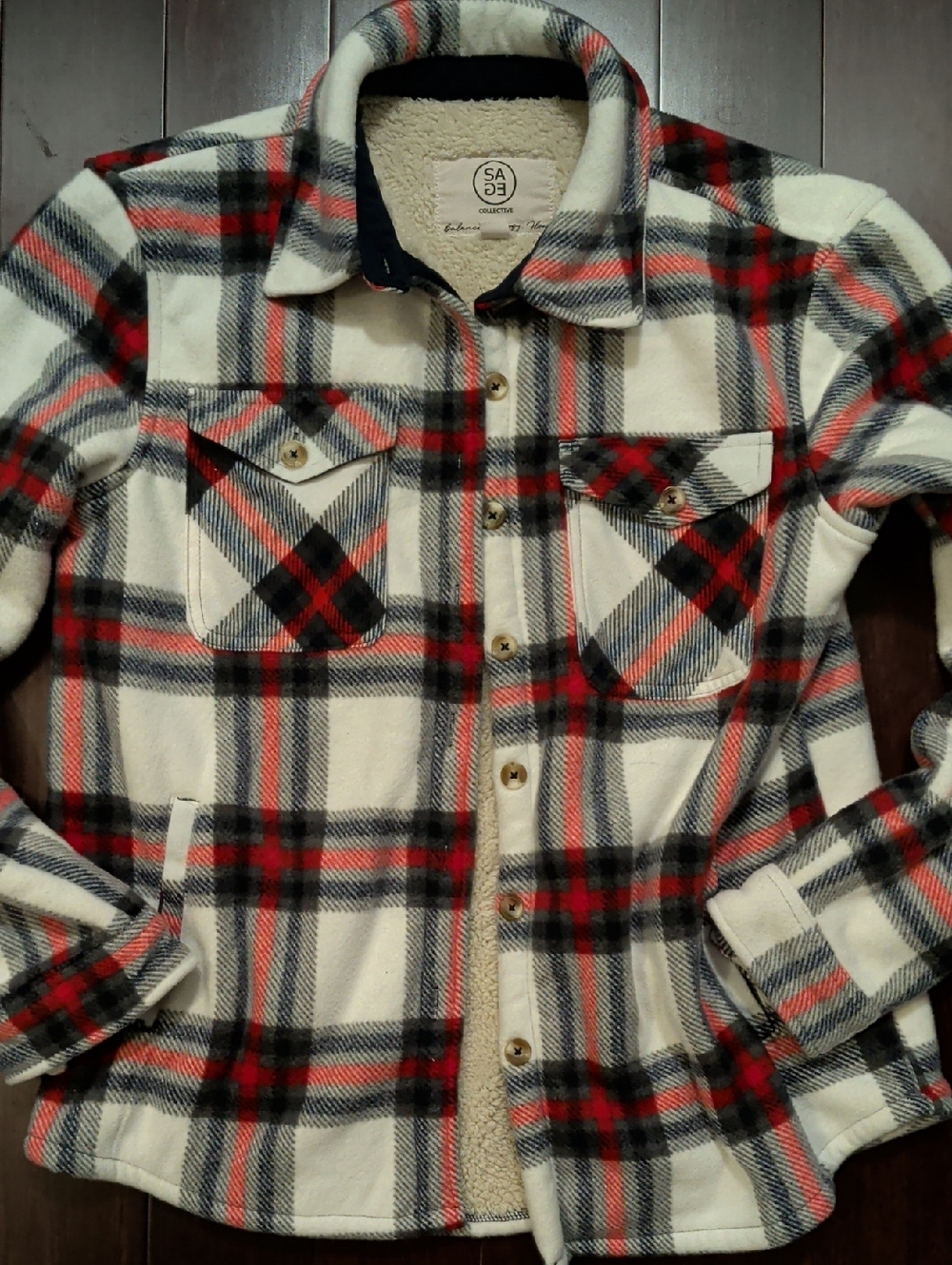 SAGE Cream Black Red Plaid Sherpa-Lined Shirt Jacket - Picture 1 of 8